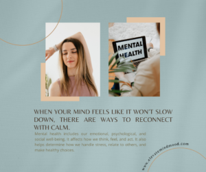 A woman practicing grounding techniques and a laptop displaying “Mental Health,” symbolizing reconnecting with calm during anxiety.