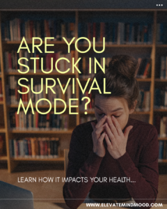 Woman appearing overwhelmed and exhausted while experiencing the fight flight or freeze response and prolonged survival mode caused by chronic stress.