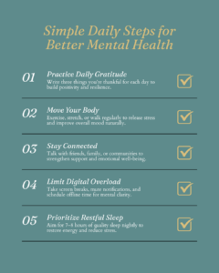 Infographic showing five daily mental health habits that support emotional wellness, including gratitude, exercise, social connection, limiting screen time, and quality sleep.